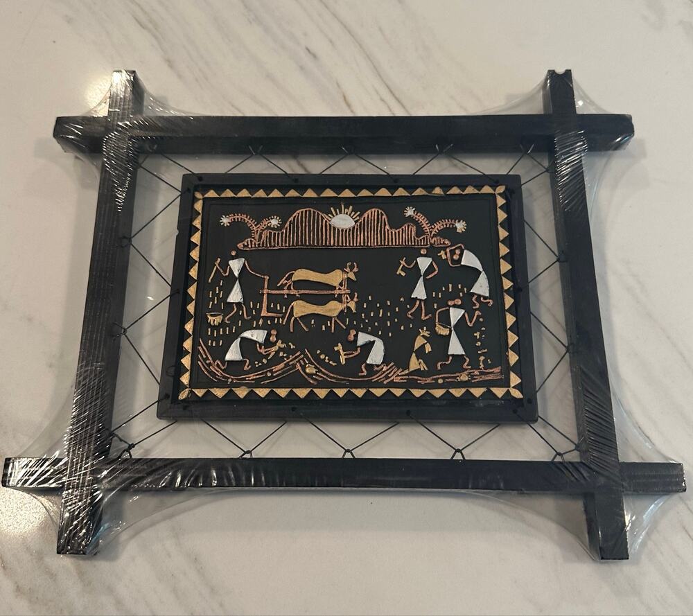 Pair of Srujana Warli Tribal Folk Art Wall Hangings Framed Handmade India Boho